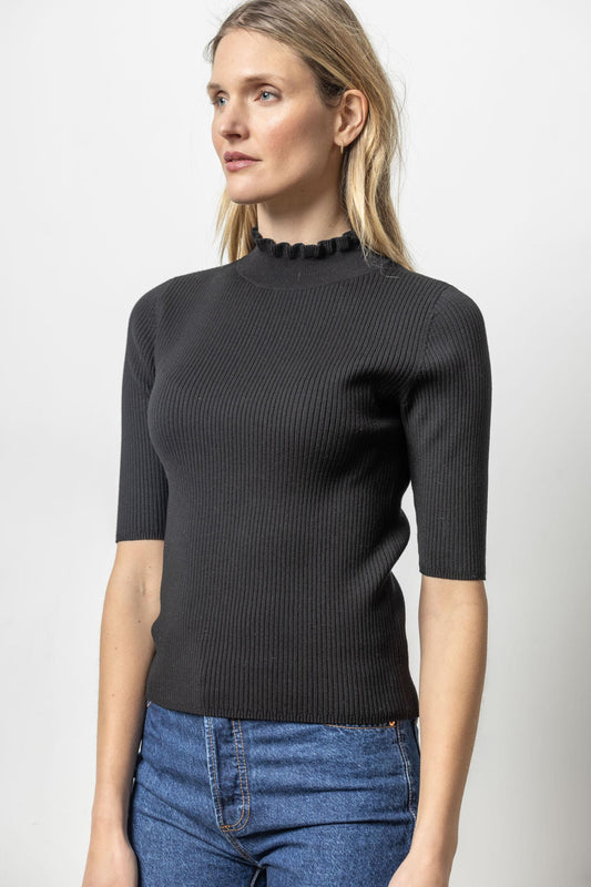 Ruffle Mock Neck Sweater Womens Sweater Black A1