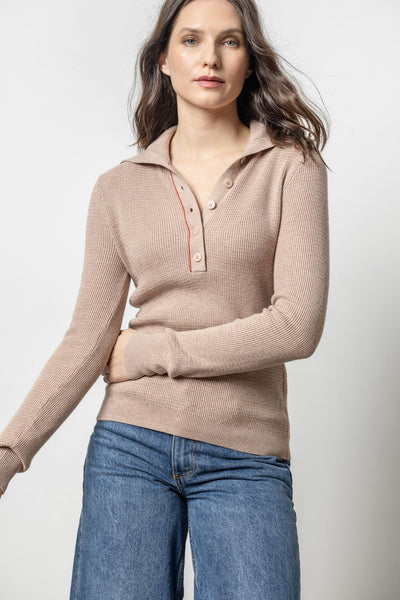 NEW Lesjour! The Henley Button Collared Boxy high quality Sweater Top Ecovera Oatmeal Size M