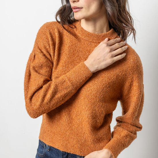 Pleated Sleeve Crewneck Sweater Womens Sweater Nutmeg A1