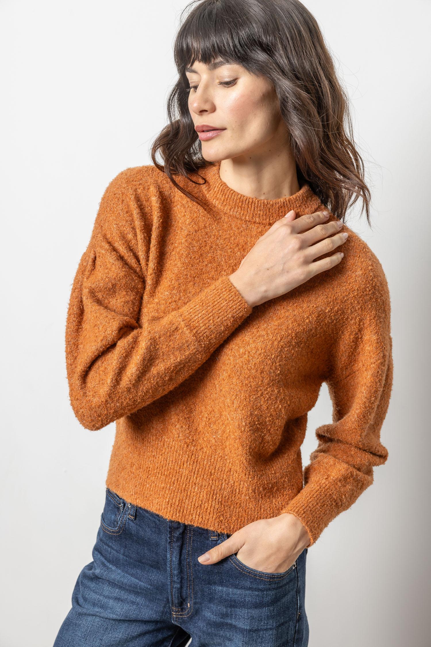 Pleated Sleeve Crewneck Sweater Womens Sweater Nutmeg A1