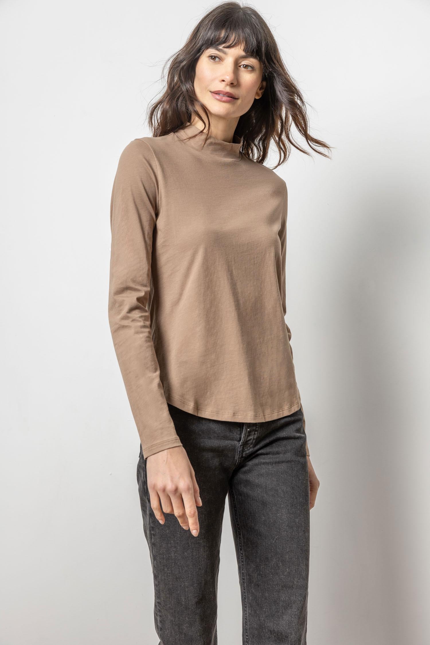 Long Sleeve Mock Neck Tee Womens Top Shiitake A1