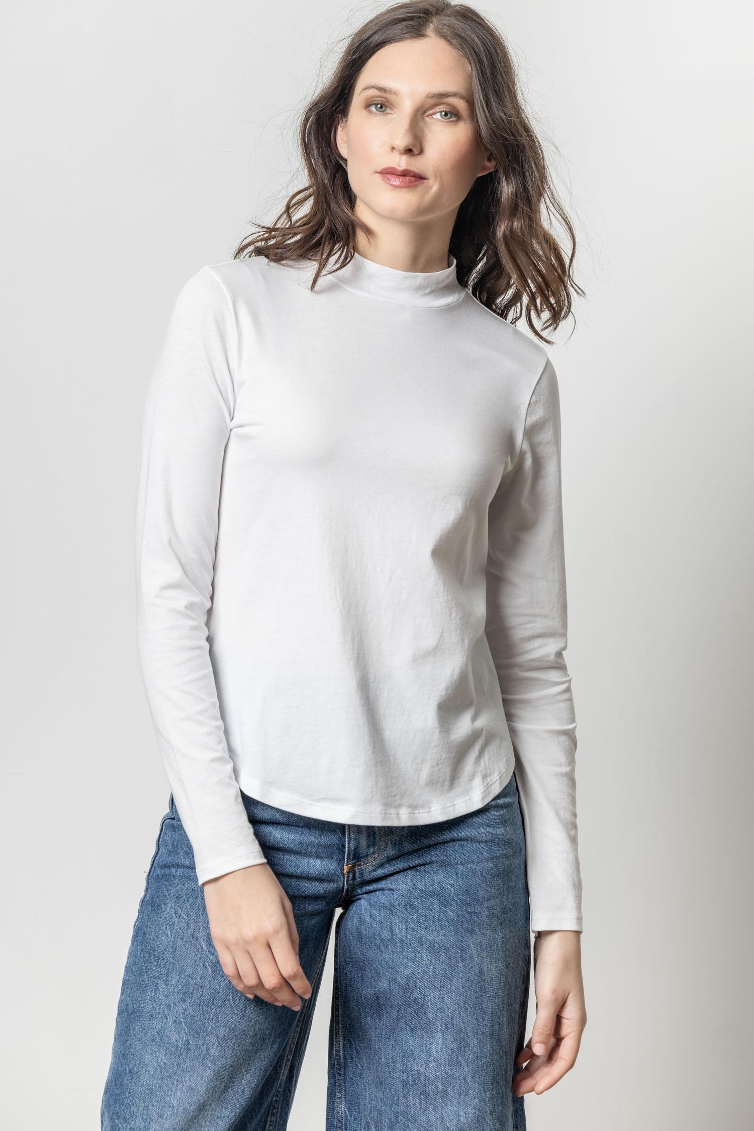 Long Sleeve Mock Neck Tee Womens Top White A1