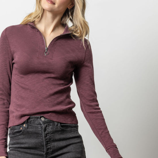 Zip Front Mock Neck Womens Top Wine A1