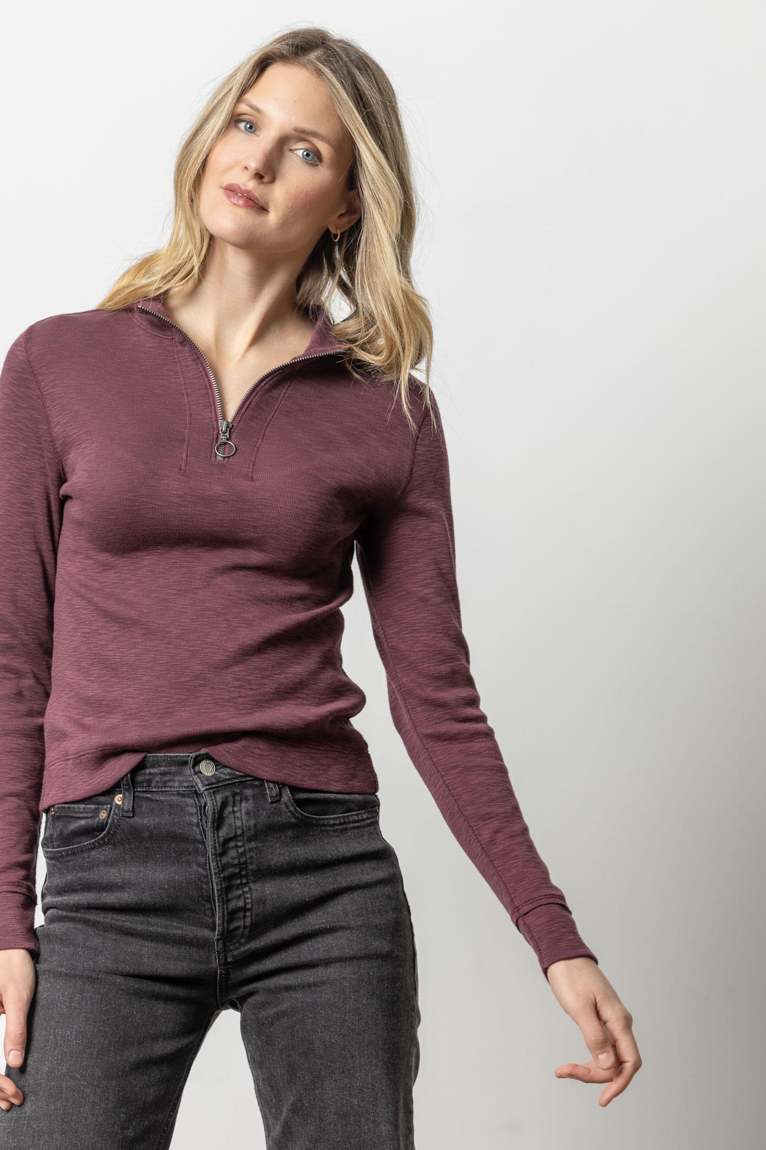 Zip Front Mock Neck Womens Top Wine A1