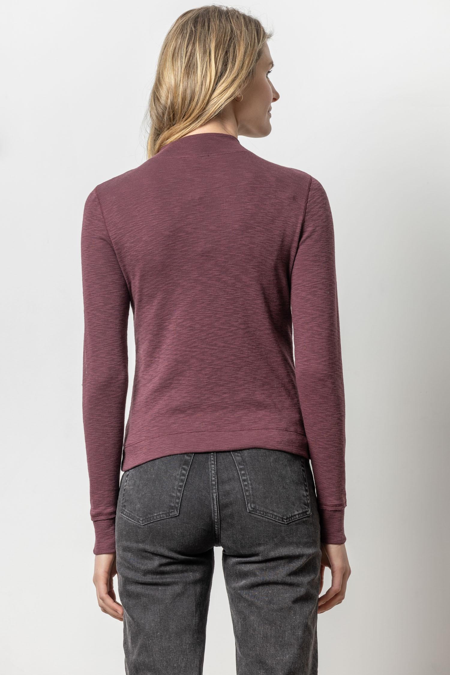 Zip Front Mock Neck Womens Top Wine A2