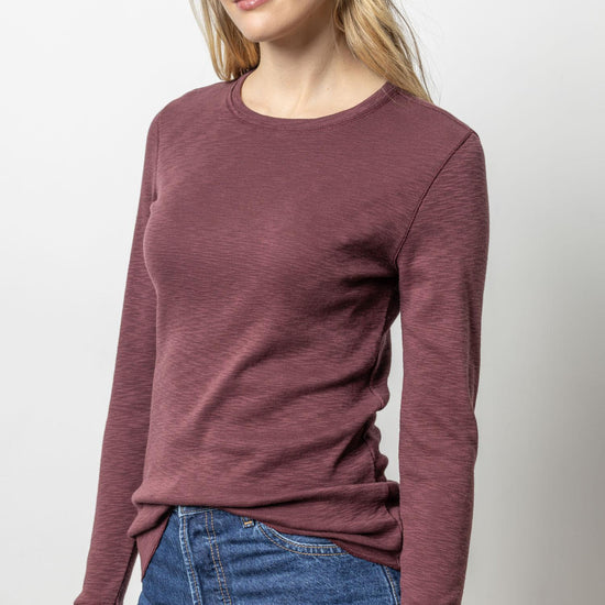 Long Sleeve Raw Edge Crew Womens Top Wine A1