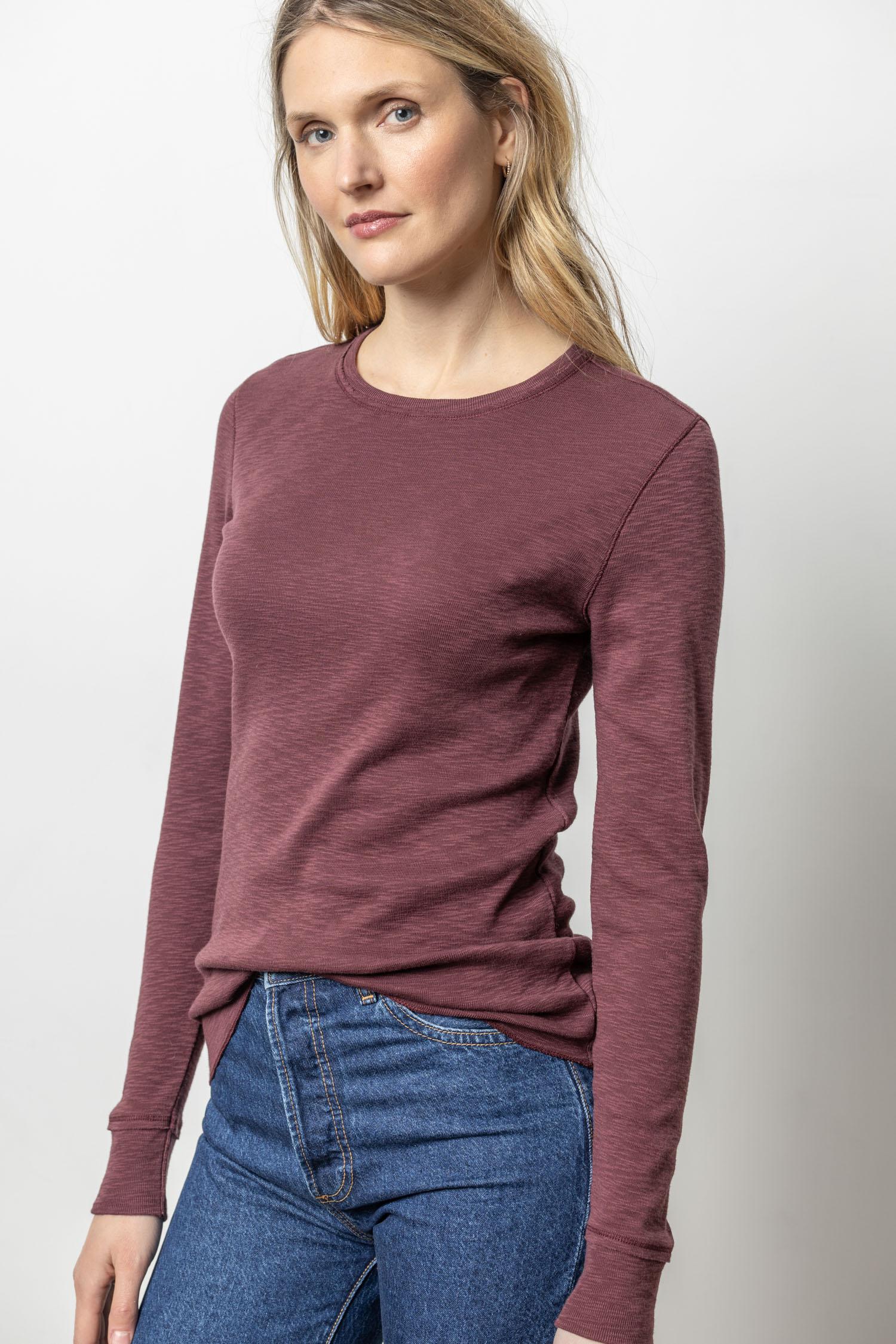 Long Sleeve Raw Edge Crew Womens Top Wine A1