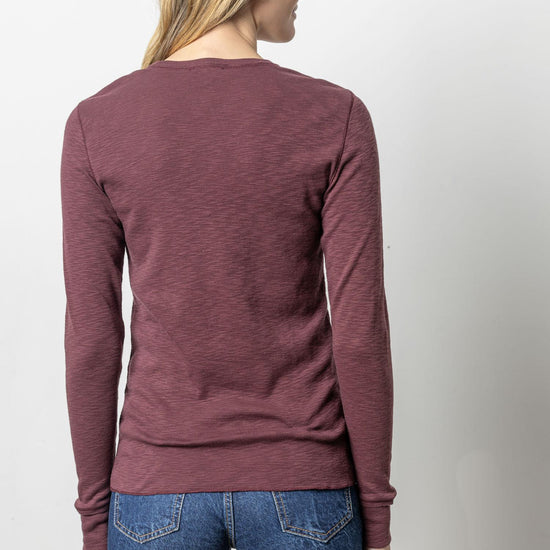 Long Sleeve Raw Edge Crew Womens Top Wine A2