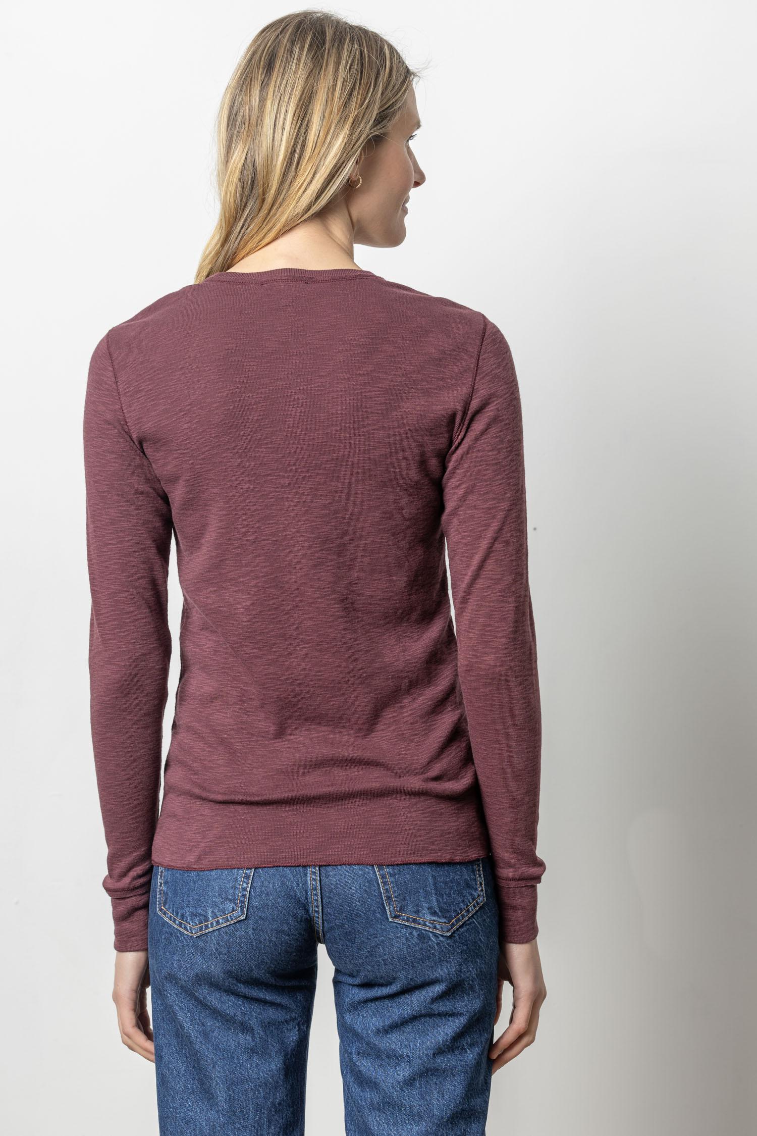 Long Sleeve Raw Edge Crew Womens Top Wine A2