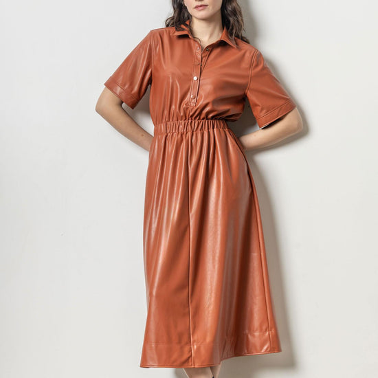 Elastic Waist Short Sleeve Dress Womens Dress Cognac A1