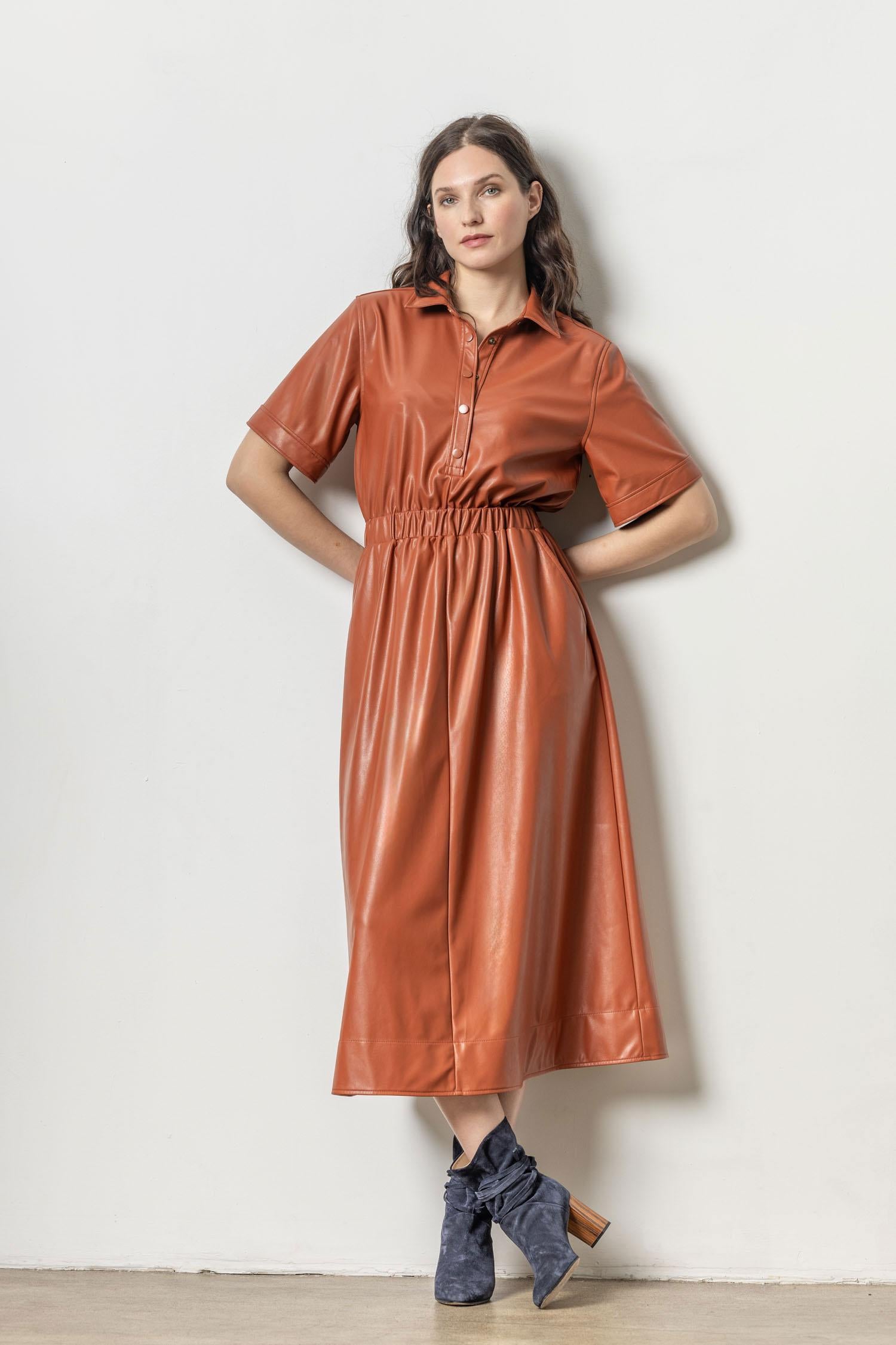 Elastic Waist Short Sleeve Dress Womens Dress Cognac A1