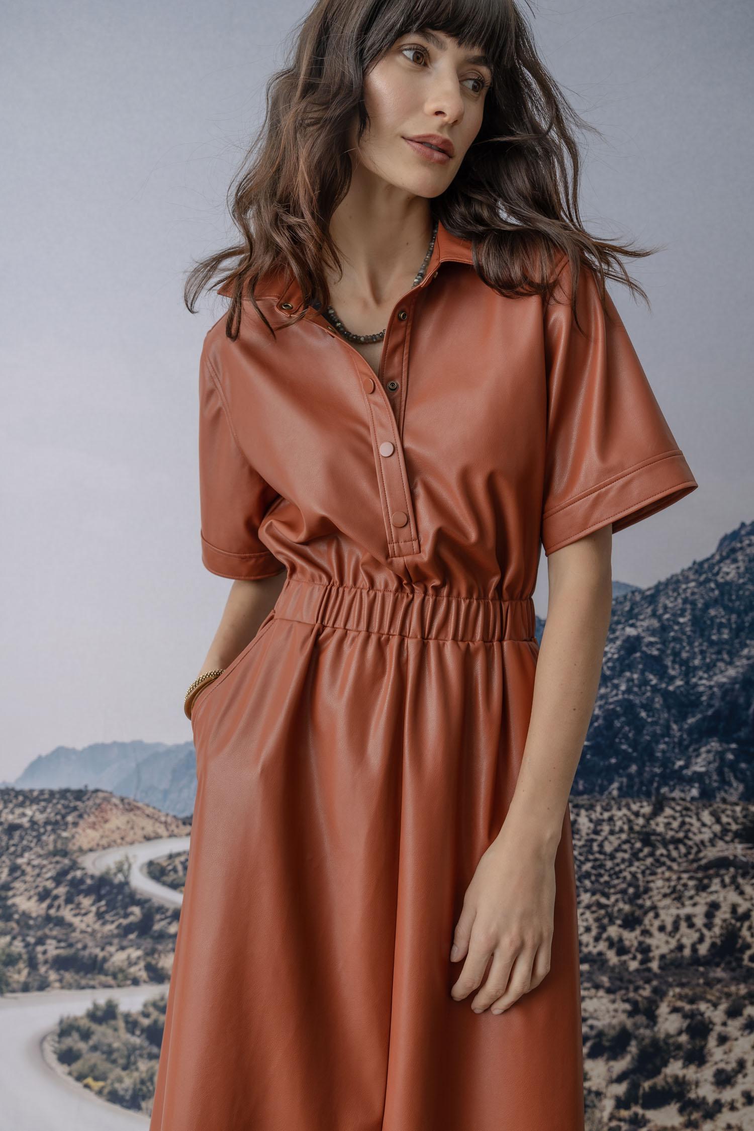 Elastic Waist Short Sleeve Dress Womens Dress Cognac C2