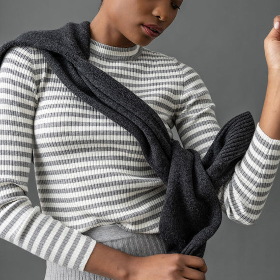 Striped Crewneck Sweater Womens Sweater Heather Grey/Ivory C1