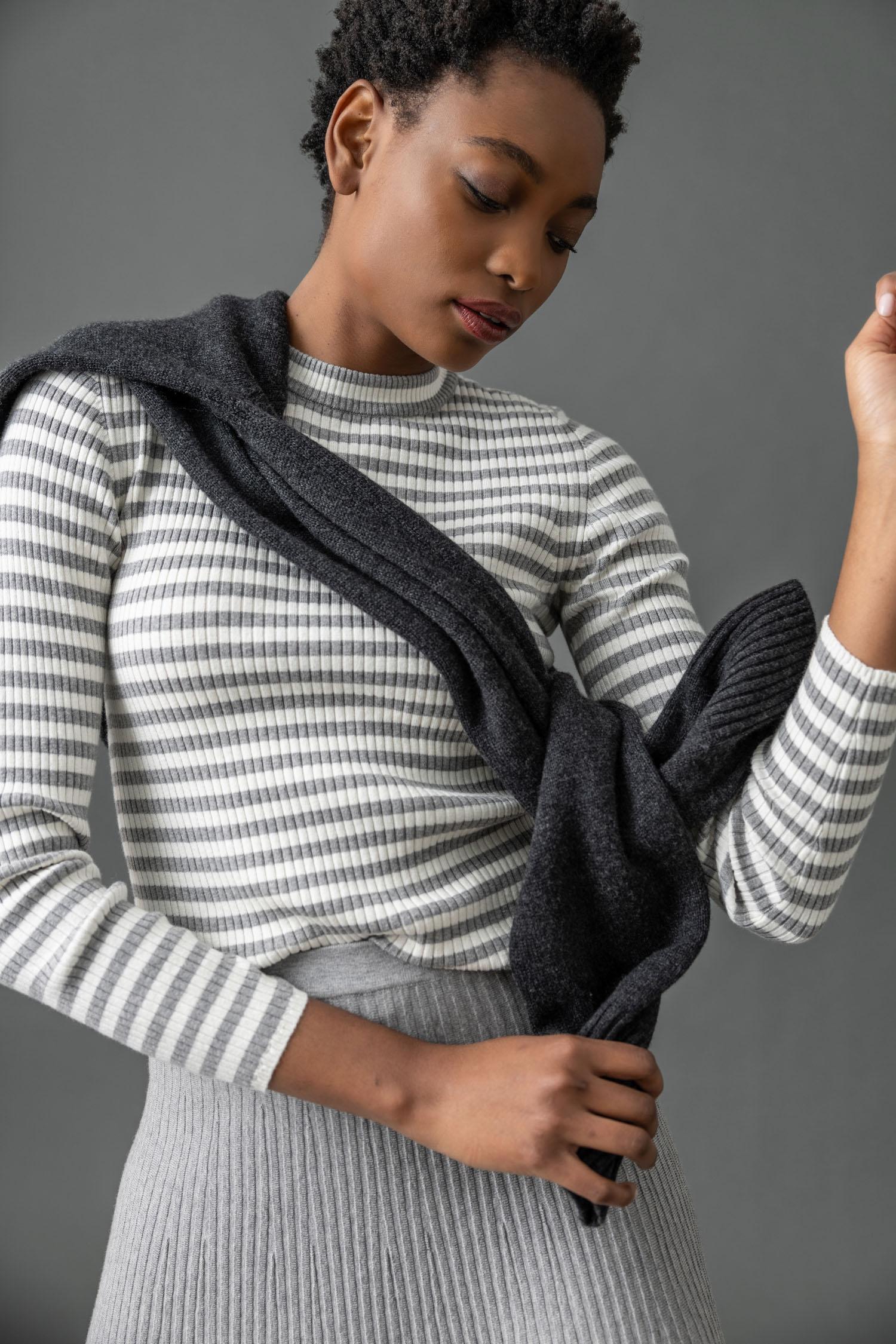 Striped Crewneck Sweater Womens Sweater Heather Grey/Ivory C1