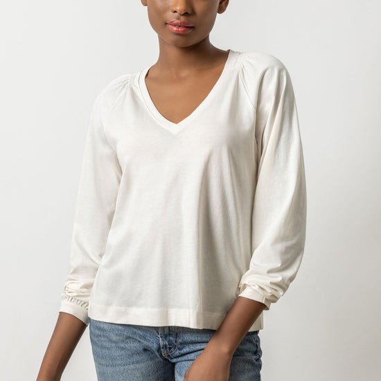 Full Sleeve Smocked V-Neck Womens Top Ivory A1