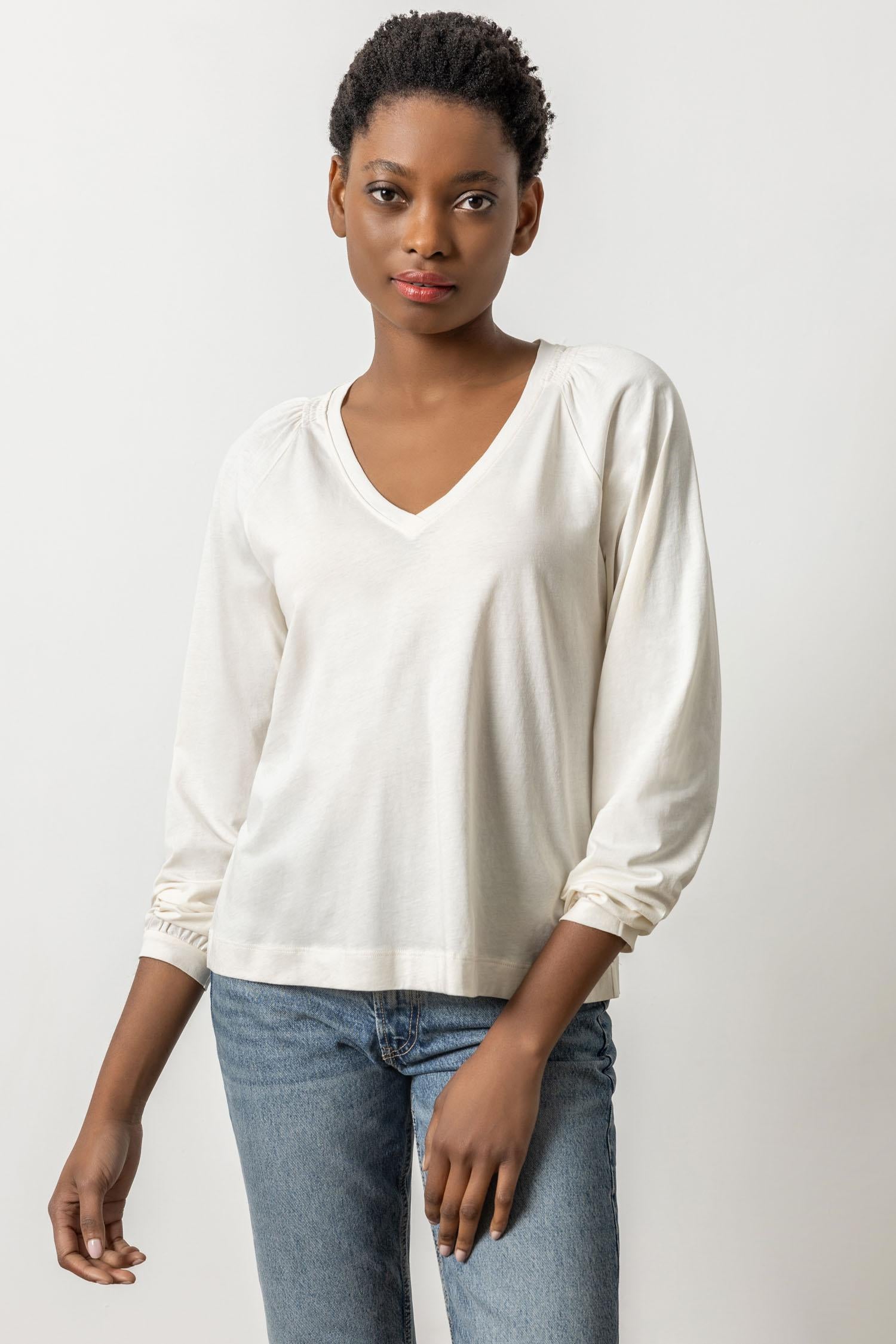 Full Sleeve Smocked V-Neck Womens Top Ivory A1