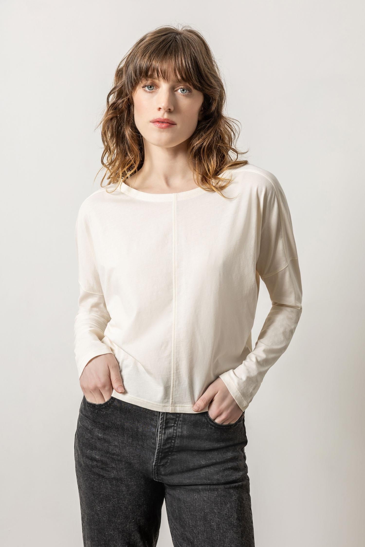 Long Sleeve V-Neck Henley Womens Top Ivory A1