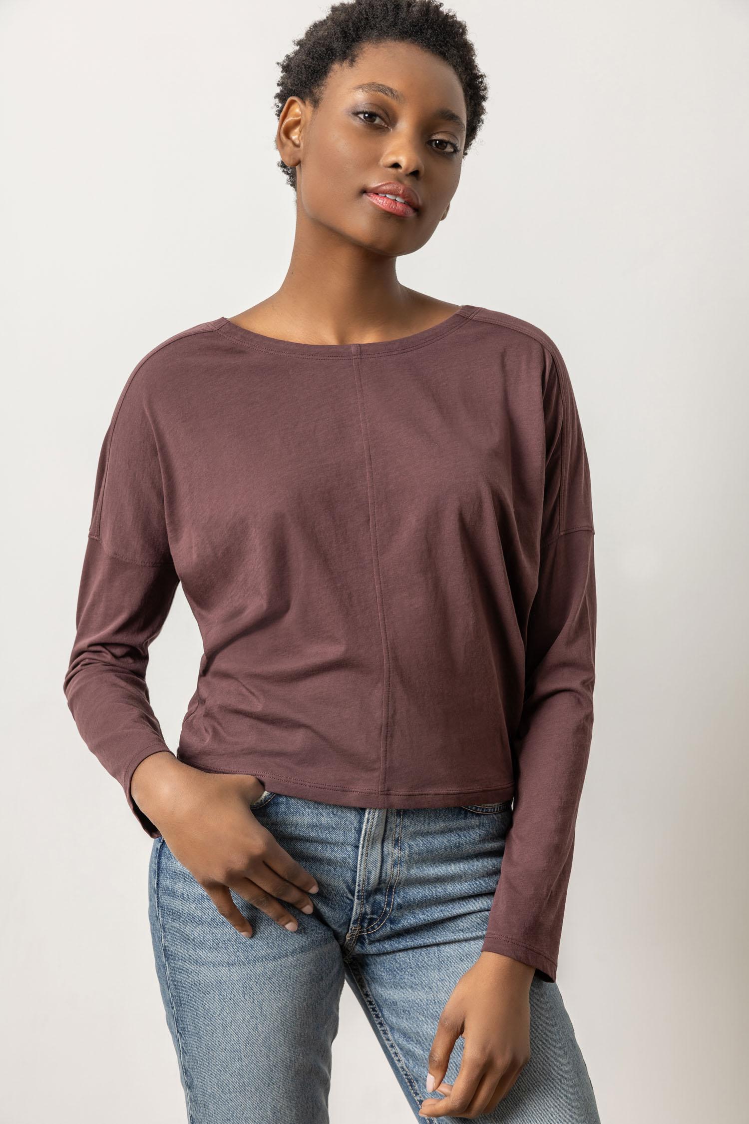 Long Sleeve V-Neck Henley Womens Top Raisin A1