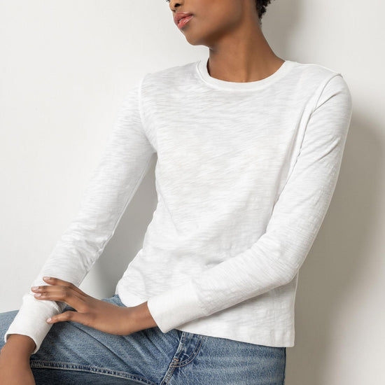 Long Sleeve Ribbed Cuff Crewneck Womens Top White A1