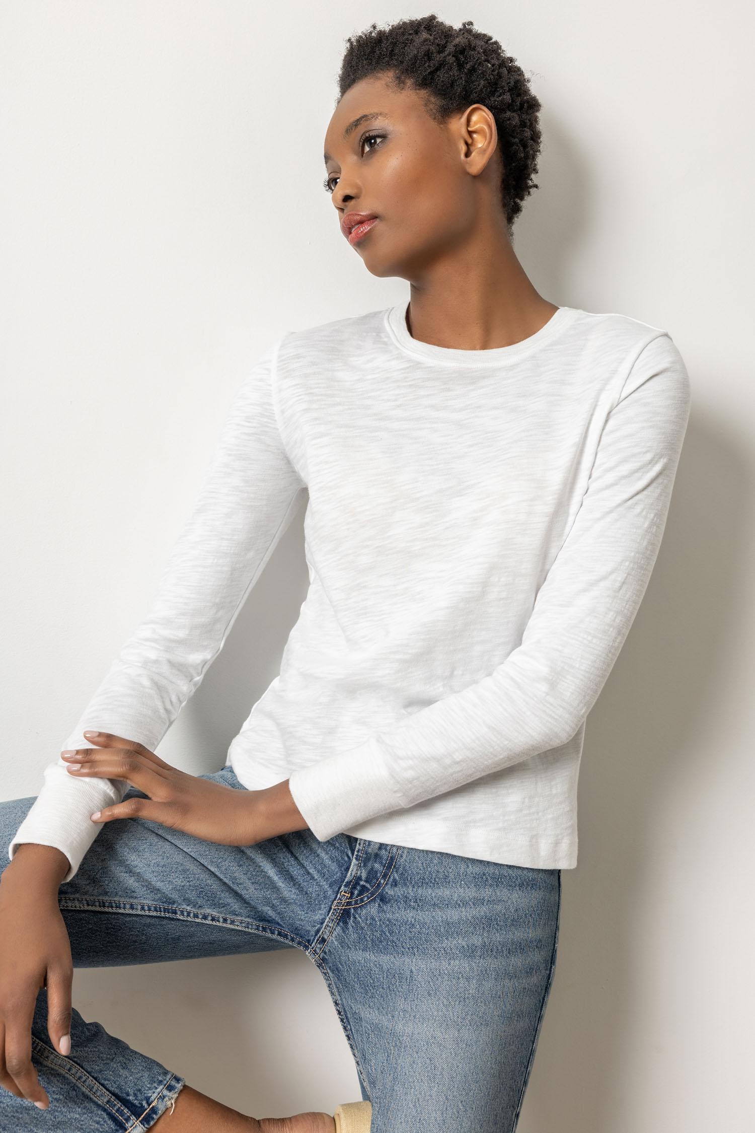 Long Sleeve Ribbed Cuff Crewneck Womens Top White A1