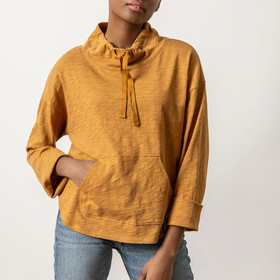 Drawstring Neck Pullover Womens Top Turmeric A1