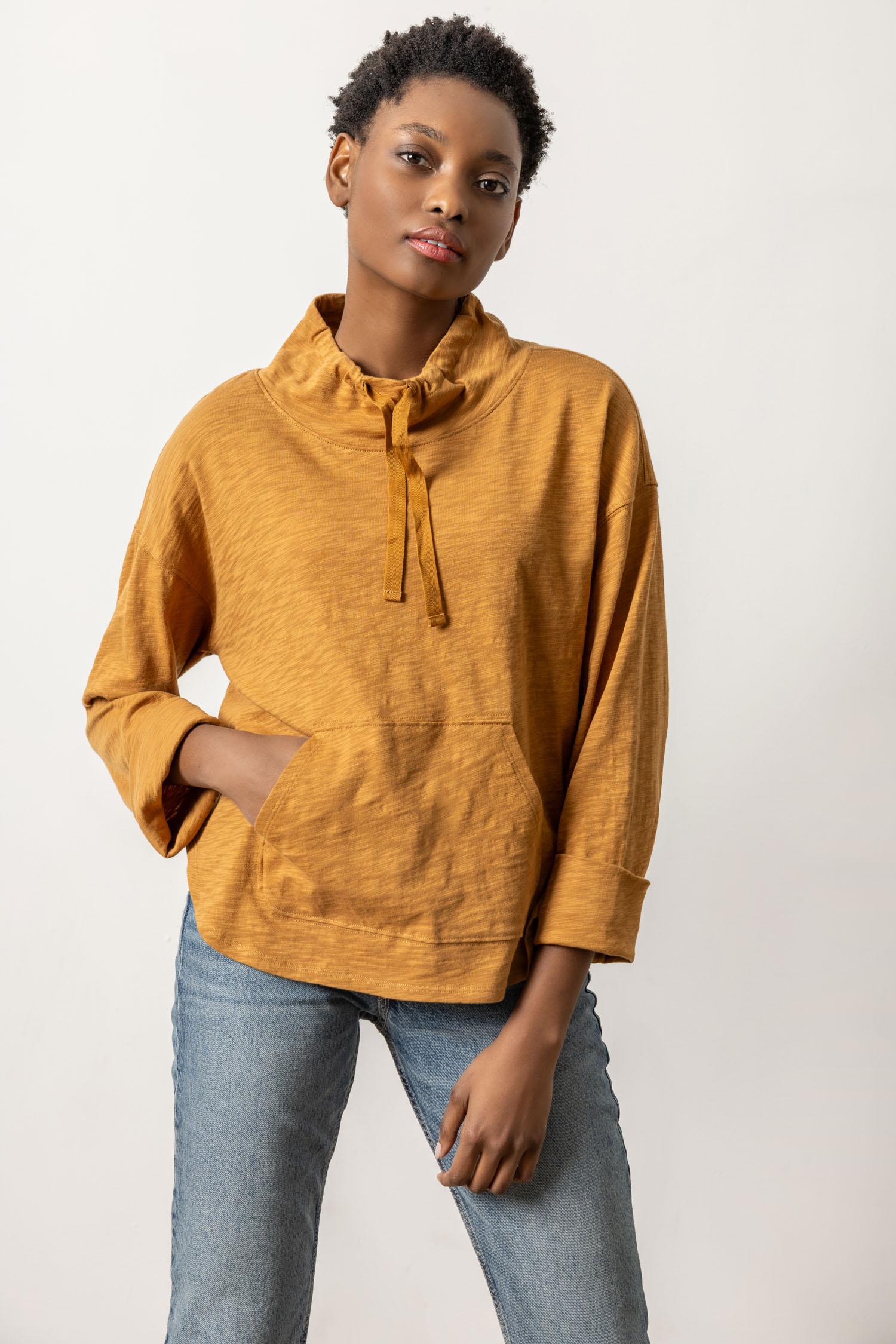 Drawstring Neck Pullover Womens Top Turmeric A1