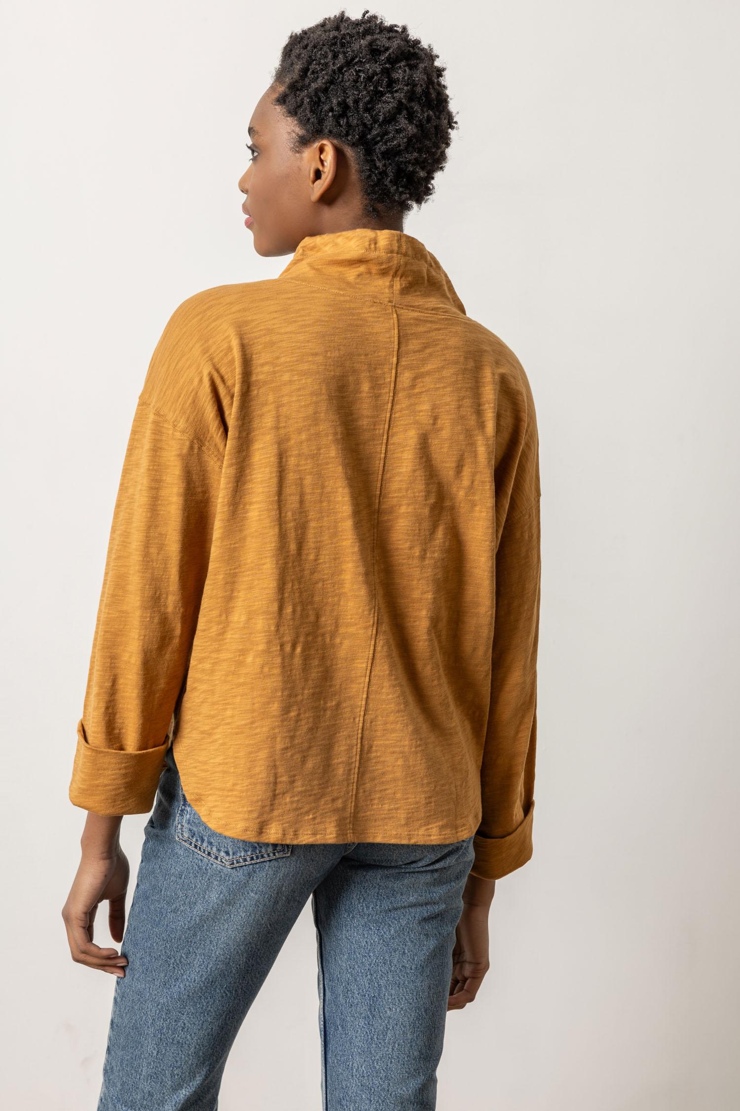 Drawstring Neck Pullover Womens Top Turmeric A2