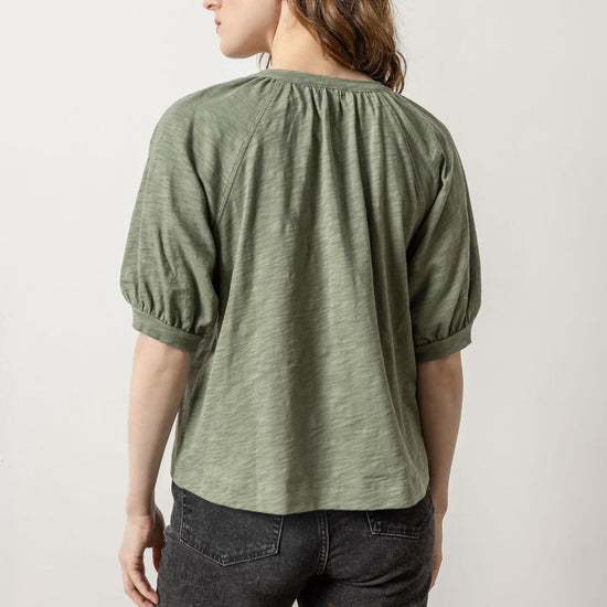 Shirred Split Neck Raglan Womens Top Agave A2