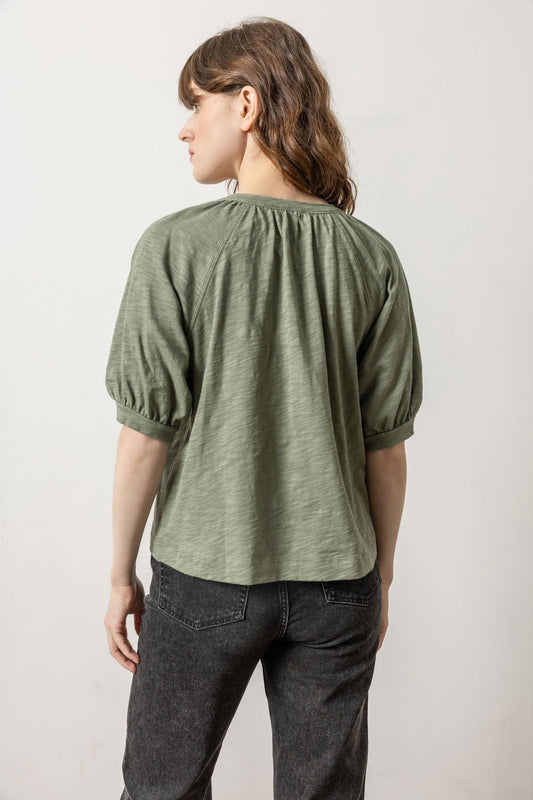 Shirred Split Neck Raglan Womens Top Agave A2