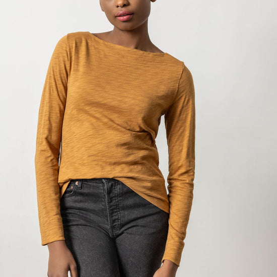 Long Sleeve Seamed Boatneck Womens Top Turmeric A1