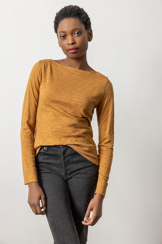 Long Sleeve Seamed Boatneck Womens Top Turmeric A1