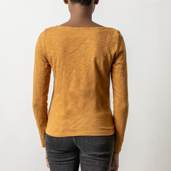 Long Sleeve Seamed Boatneck Womens Top Turmeric A2