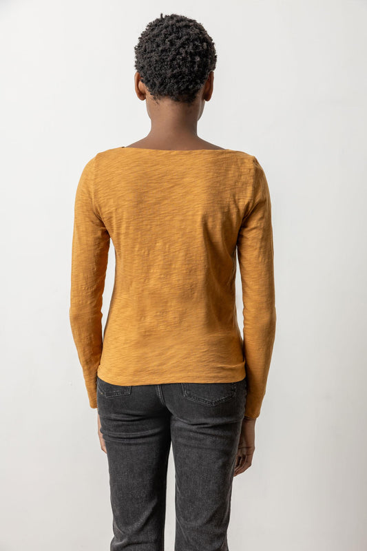 Long Sleeve Seamed Boatneck Womens Top Turmeric A2