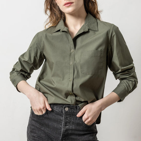 Easy Poplin Button Down Womens Top Kale A1