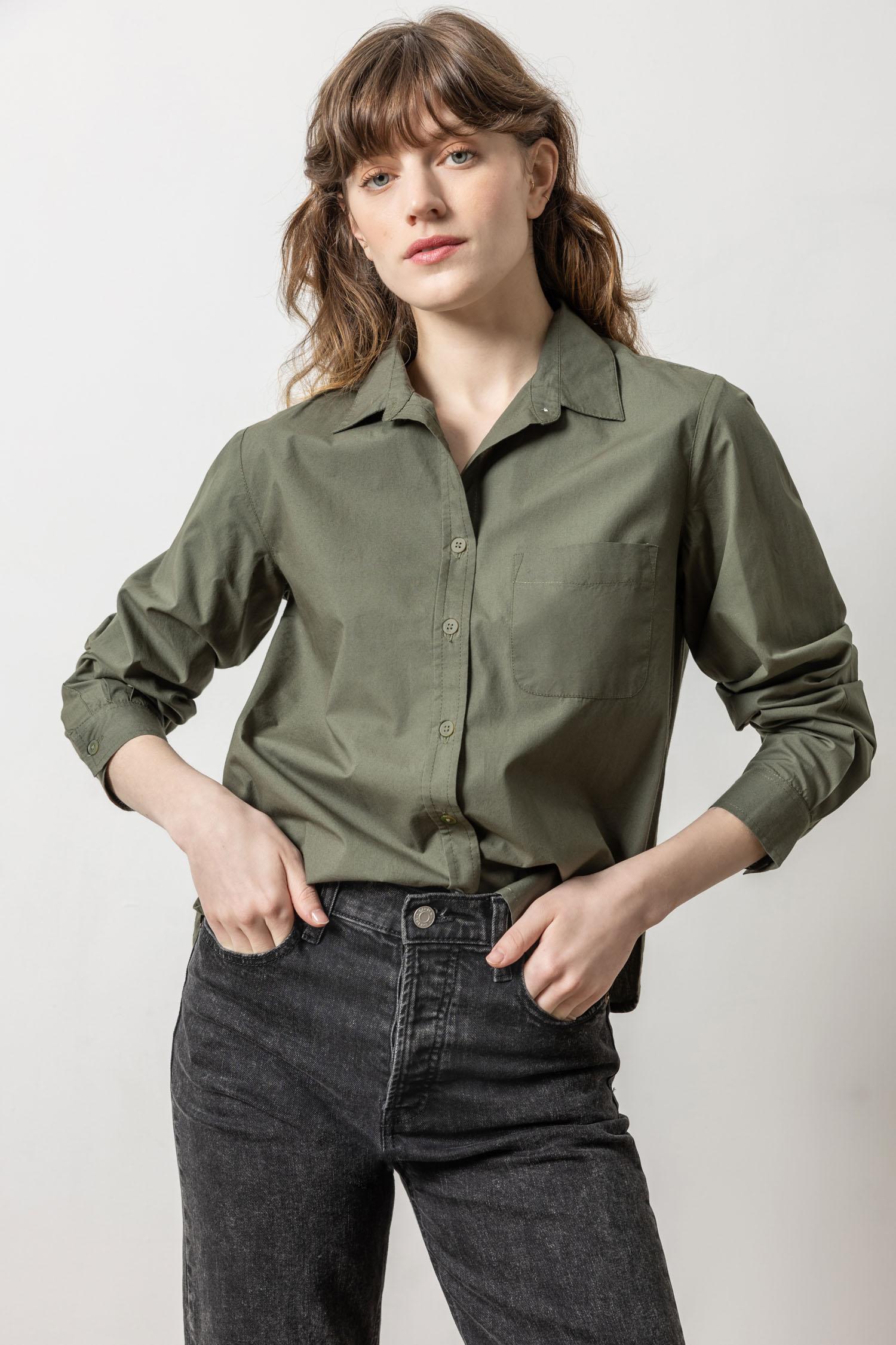 Easy Poplin Button Down Womens Top Kale A1