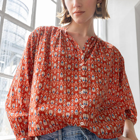 Long Sleeve Shirred Blouse Womens Top Chili Print C1