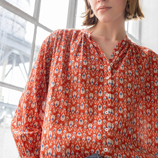 Long Sleeve Shirred Blouse Womens Top Chili Print C2