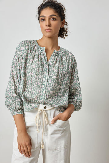 Long Sleeve Shirred Blouse Womens Top Seagrass Print A1