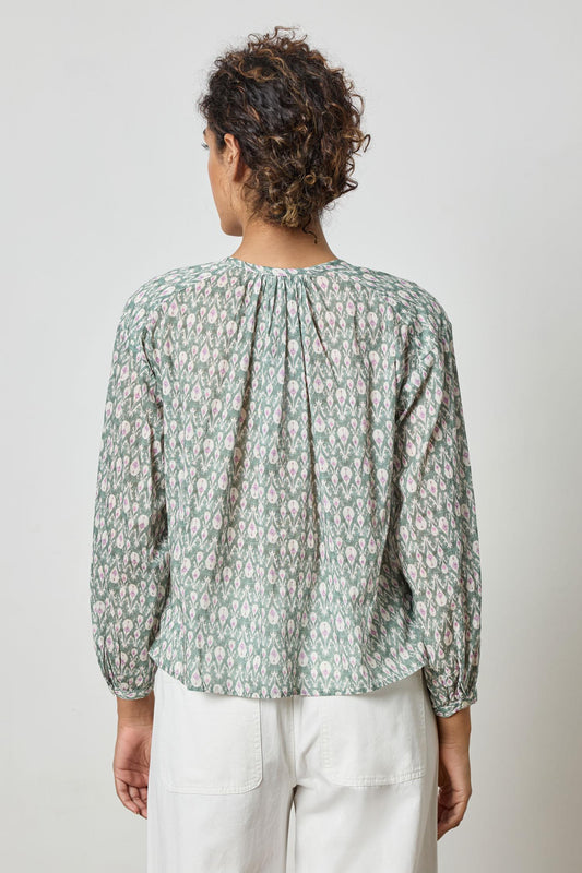 Long Sleeve Shirred Blouse Womens Top Seagrass Print A2