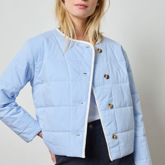 Striped Collarless Jacket Womens Jacket Blue Stripe A4