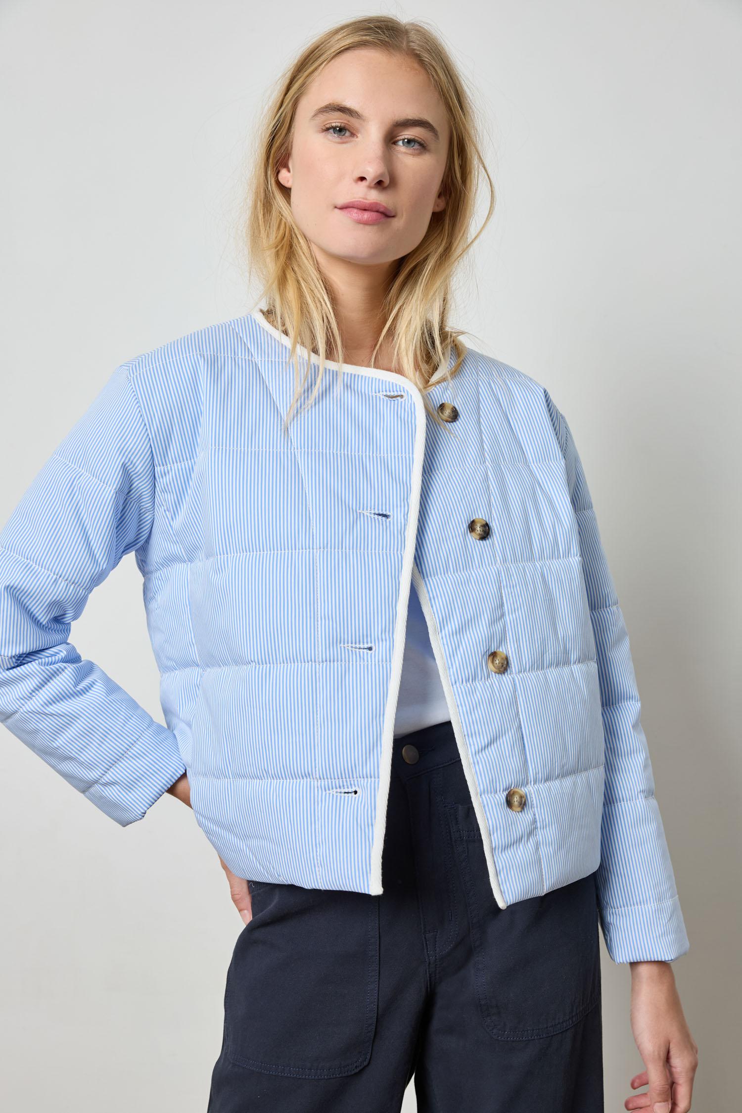 Striped Collarless Jacket Womens Jacket Blue Stripe A4