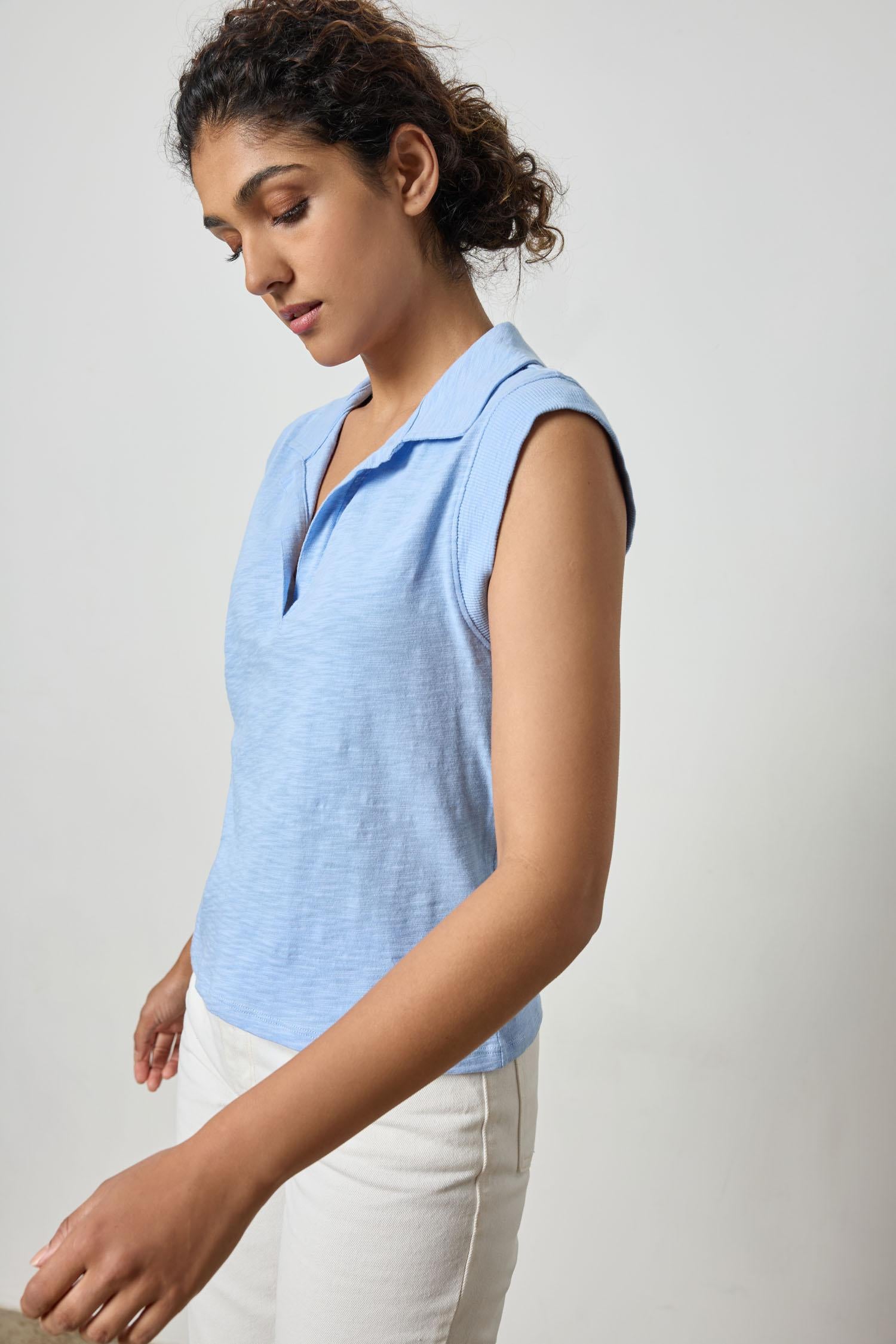 Cap Sleeve Polo Womens Top Cornflower A1