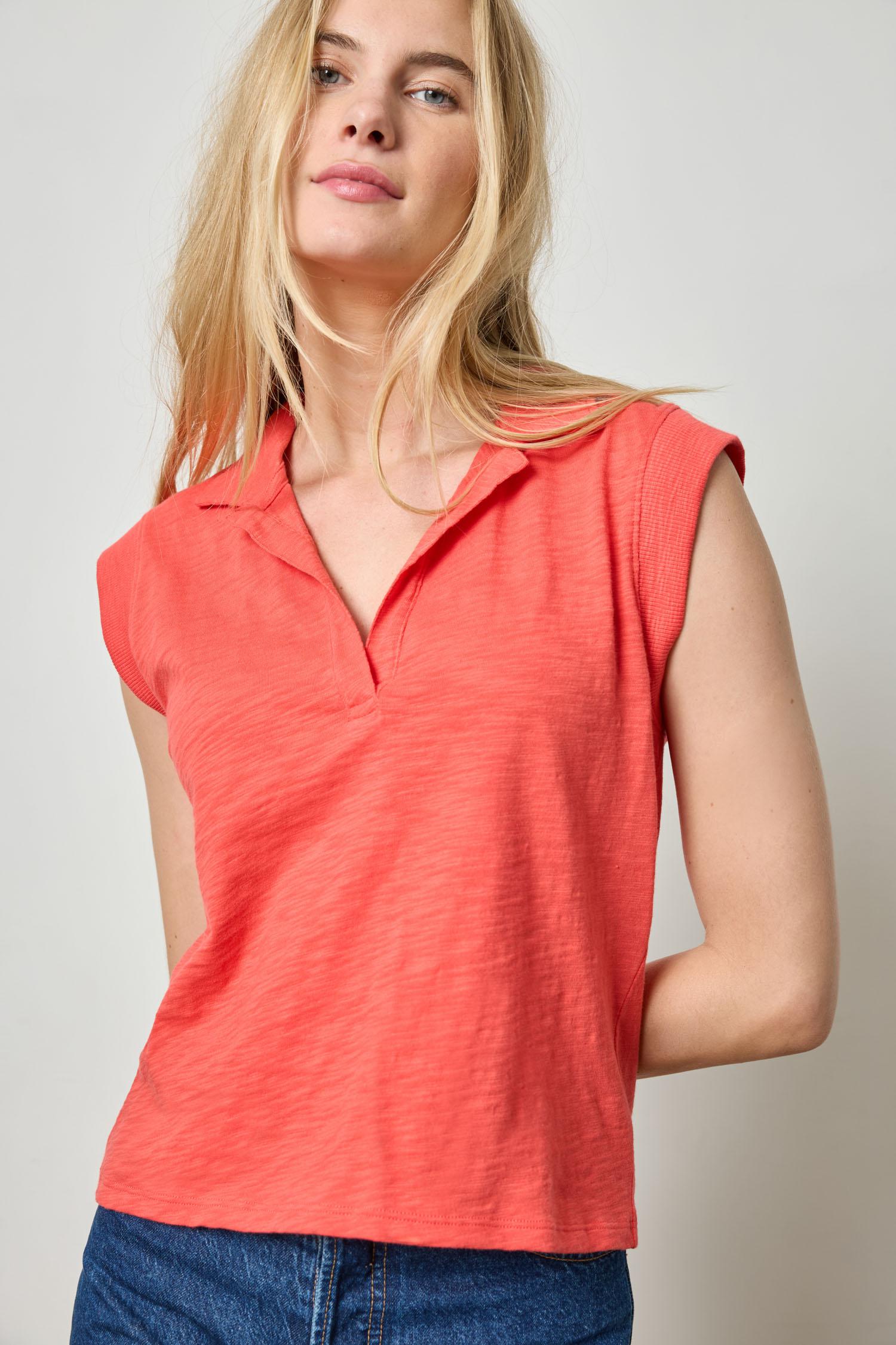 Cap Sleeve Polo Womens Top Geranium A1