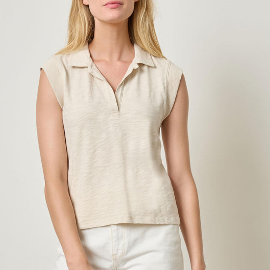 Cap Sleeve Polo Womens Top Stucco A1