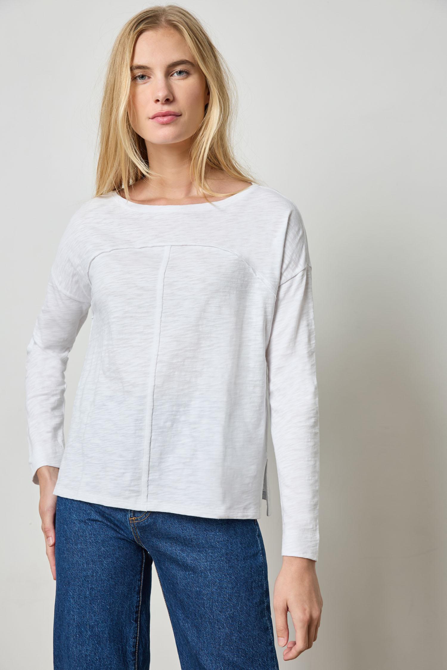 Drop Shoulder Seamed Boatneck Womens Top White A1