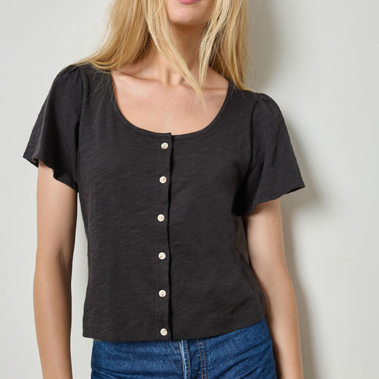 Button Front Flutter Sleeve Womens Top Black A1