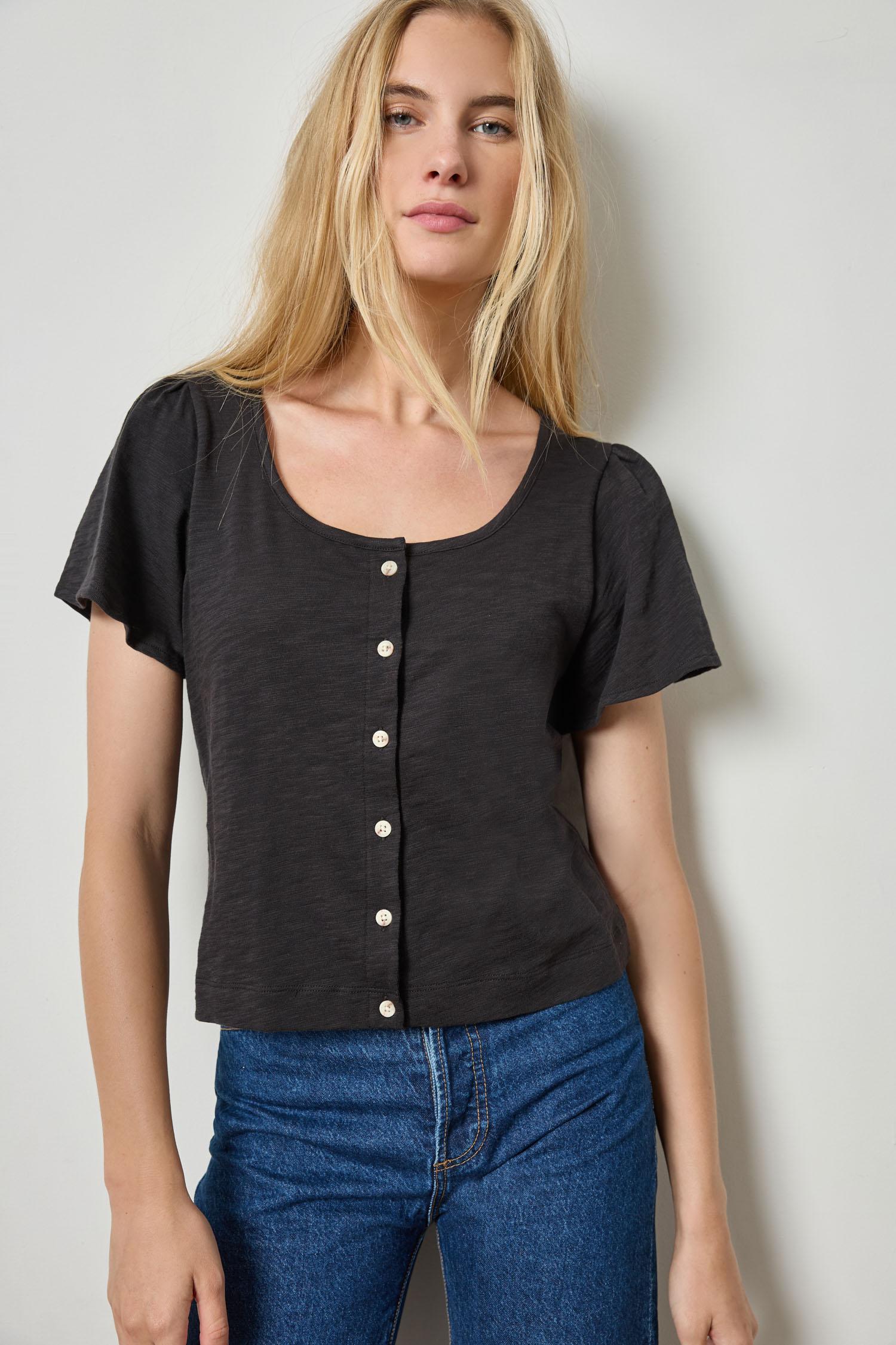 Button Front Flutter Sleeve Womens Top Black A1