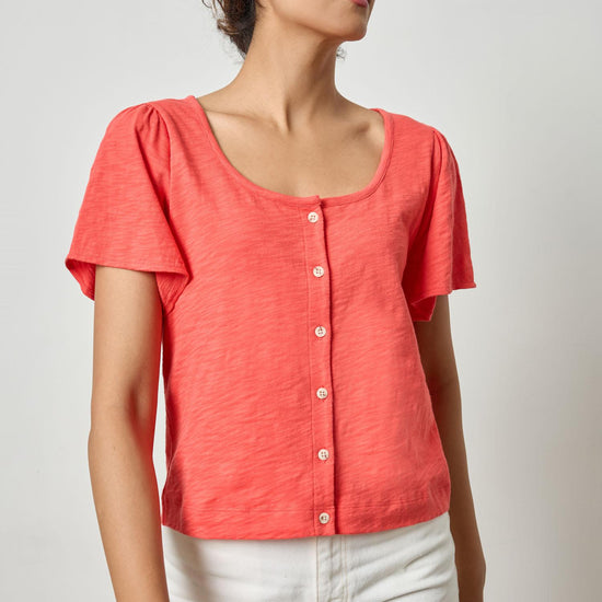 Button Front Flutter Sleeve Womens Top Geranium A1