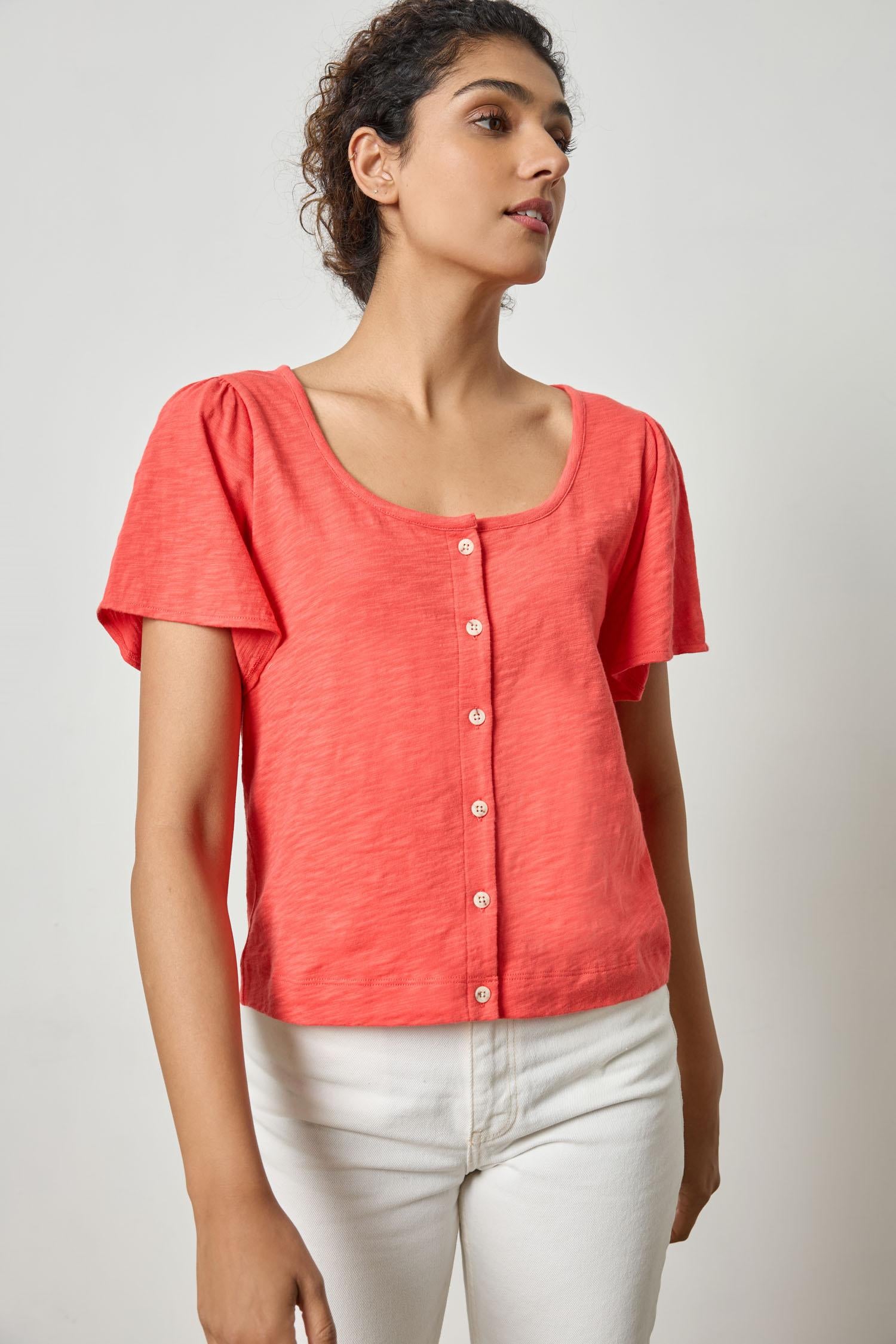 Button Front Flutter Sleeve Womens Top Geranium A1