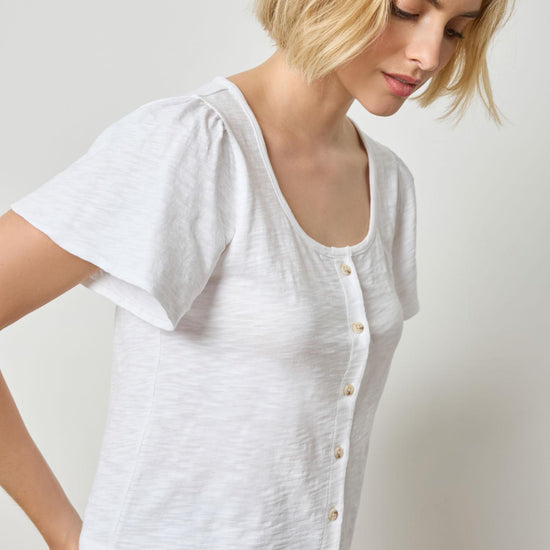 Button Front Flutter Sleeve Womens Top White A1